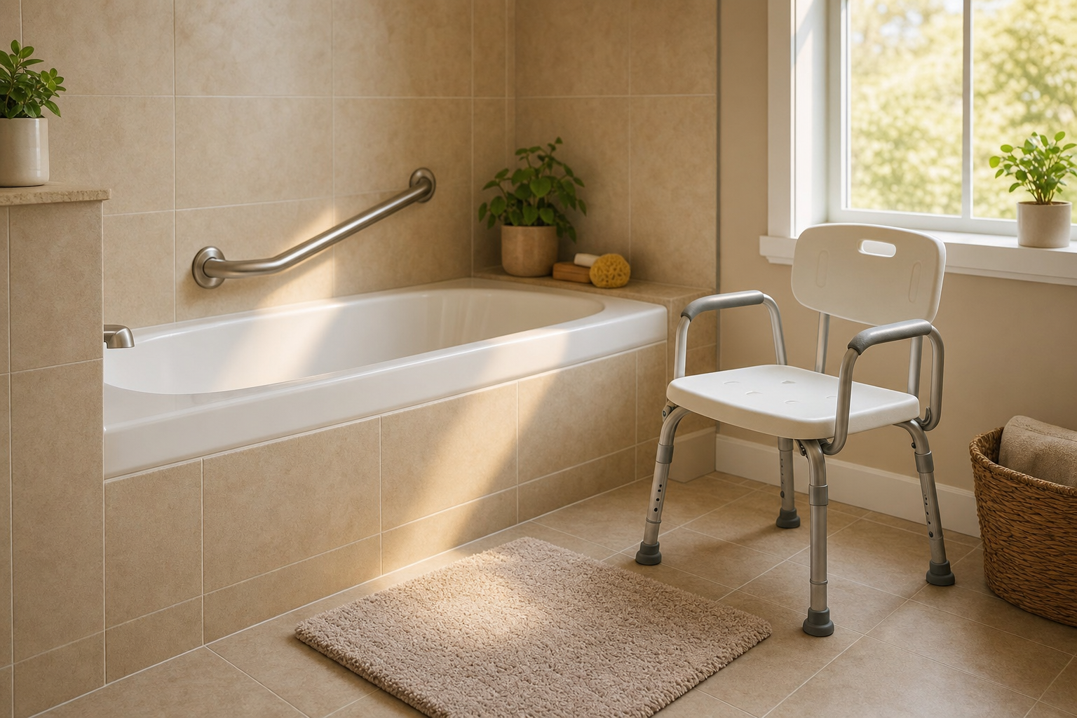 A clean bathroom with a metal grab bar on the wall, a non-slip mat, and a shower chair.