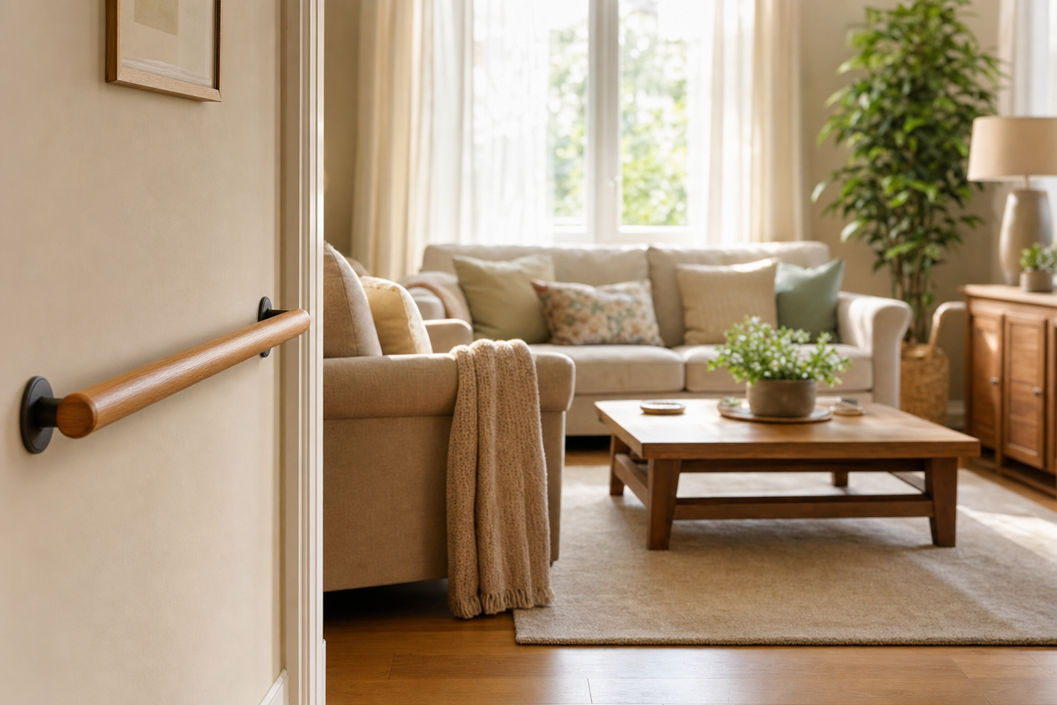 A warm, sunlit living room with a wooden grab bar near the doorway, designed for safe independent living.